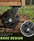 Close-up of Built Bullet Proof Five Inch Solid Rubber Caster Wheels With Knockout Step On Brake Locks on a cart.