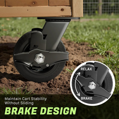 Close-up of Built Bullet Proof Five Inch Solid Rubber Caster Wheels With Knockout Step On Brake Locks on a cart.