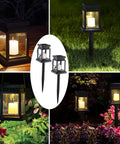 Collage of 8 Pack Solar Hanging Lanterns Outdoor With Candle Effect Warm White Light on wood, grass, and flower beds.