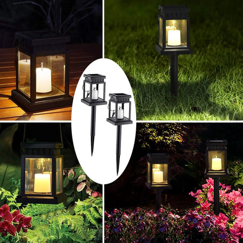 Collage of 8 Pack Solar Hanging Lanterns Outdoor With Candle Effect Warm White Light on wood, grass, and flower beds.