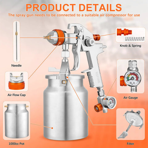 Pro Grade HVLP Siphon Paint Spray Gun Featuring 1000CC Aluminum Cup And Built In Pressure Regulator with needle and air gauge.