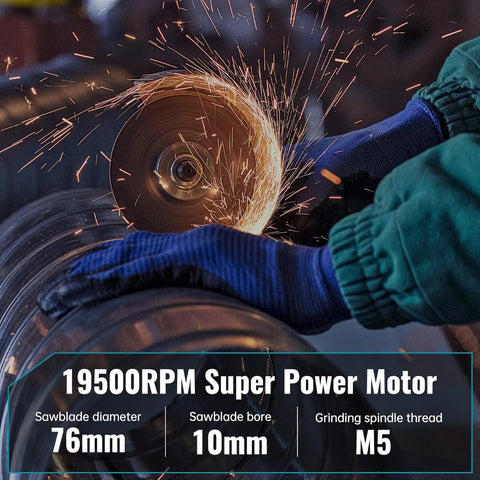 Cordless angle grinder tool with 19500 RPM in action, cutting metal, showcasing sparks and blue gloves holding the tool.