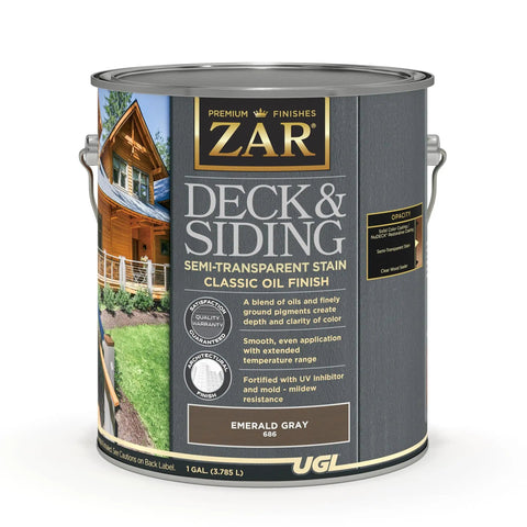 Can of ZAR Deck and Siding Semi-Transparent Stain Classic Oil Finish in Emerald Gray, 1 gallon for wood decks, siding, fences, and logs.