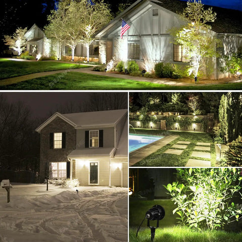 20W Outdoor Landscape Spotlight LED 120V AC Waterproof Yard Lights illuminating trees and flags, showcasing brightness and coverage.