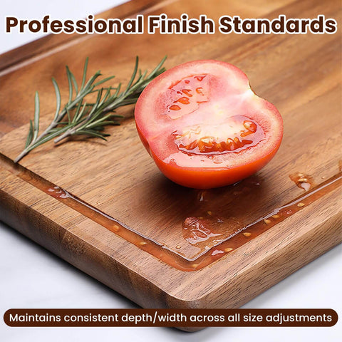 Pro Grade Adjustable Juice Groove Router Jig With Precision Scale And Solid Wood Template Frame For Cutting Boards And Woodworking Creating Perfect Square Grooves Every Time; a close-up view of a juice groove with tomato on a wooden board.