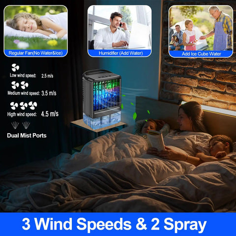 Portable AC Fan 4 In 1 Personal Desktop Air Cooler With Humidifier And 7 Color LED Atmosphere Lights Quiet Mini Cooler near bed