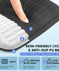 Close-up of ergonomic mouse pad with wrist rest, featuring skin-friendly lycra and non-slip PU base, showcasing massage design.