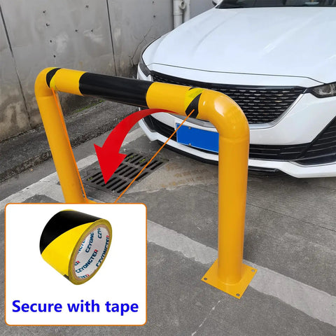 Two Pack Built Tough Heavy Duty Steel Safety Guard Barrier With Hollow Fillable Sections And Anchor Bolts in use in parking lot