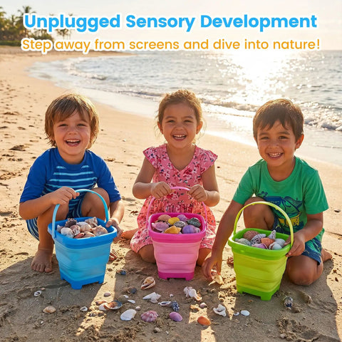 Children playing with Three Pack Collapsible Buckets For Kids Foldable Sand Pails For Beach Sandbox Camping And Epic Summer Fun