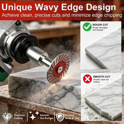 Built Tough 1.57 Inch Diamond Saw Blade Set With Segmented Wavy Edge And Quick Swap Flange for precise marble cutting.