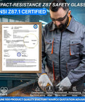 ANSI Z87.1 Certified safety glasses test report, showcasing impact-resistance for heavy-duty protective eyewear.