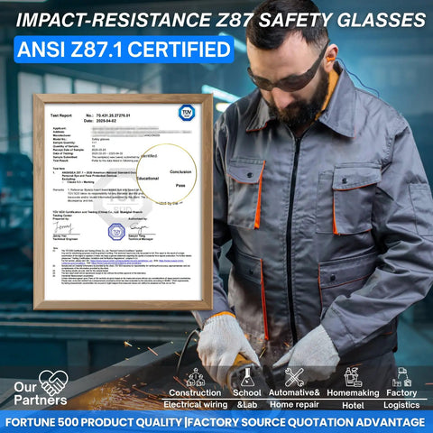 ANSI Z87.1 Certified safety glasses test report, showcasing impact-resistance for heavy-duty protective eyewear.
