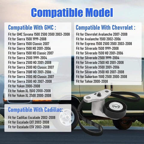 Chevy GMC Air Conditioning Serpentine Drive Belt Tensioner Kit compatibility chart for GM SUVs and trucks 1999-2008.