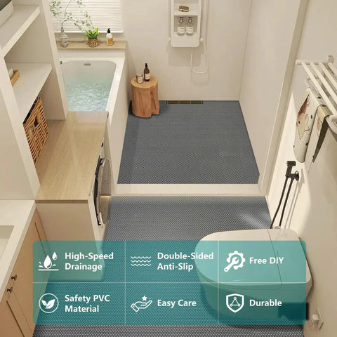 Bathroom with Grippy Non Slip Drainage Mats PVC Pool Floor Mat 0.23 Inch Thick Outdoor Indoor Parking Space Mat 3 By 16.6 Feet installed