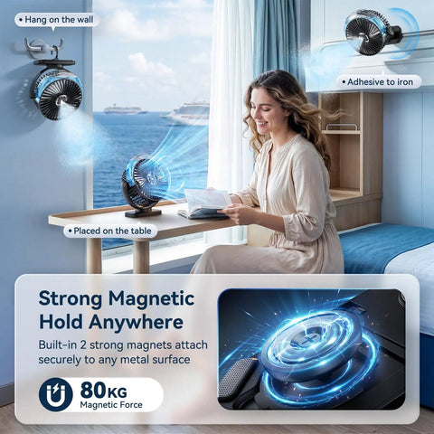 Tough Golf Cart Fan With Rock Solid Magnet And Dual Strap 12000Mah Battery Keeps You Fresh On Long Haul Rides Includes Built In Power Bank mounted on a table.