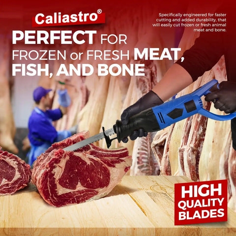 Person using 12 Inch Stainless Steel Frozen Meat Bone Cutting Saw Blades For Reciprocating And Sawzall Saws 5 Pack Food Grade Butcher Blades