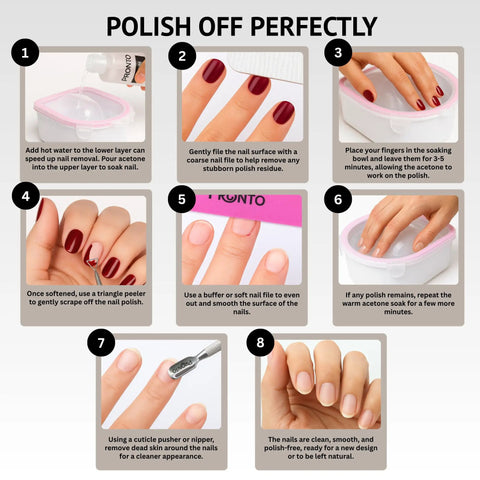 Gel Nail Polish Remover Kit With 8 Oz Pure Acetone Nail File Soak Off Bowl Buffer Block Cuticle Pusher And Scraper usage steps.