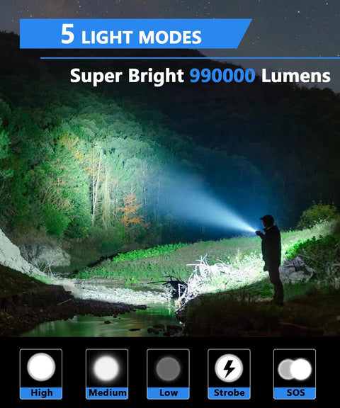 Person using Ultra Bright 990000 Lumen USB Rechargeable Flashlight With Zoomable Beam in wilderness at night