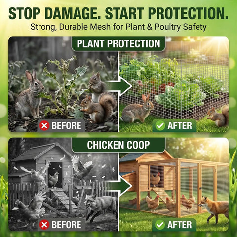Before and after using 16 Inches Wide By 20 Feet Long Hardware Cloth Heavy Duty One Quarter Inch Mesh for plant and chicken protection.