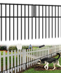 45.33Ft No Dig Pet Barrier Fence With 32 Panels For Rabbits And Dogs Rustproof Metal Border installed in garden with dog
