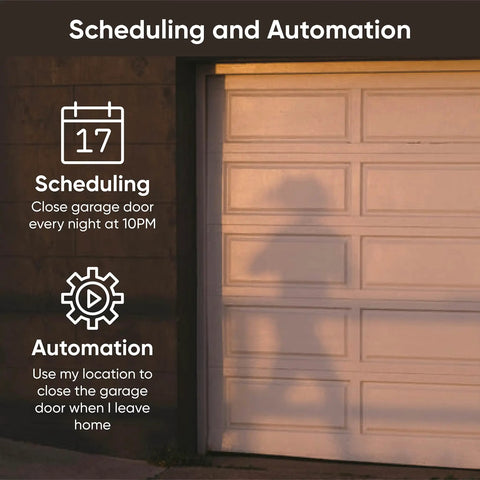 Smart Garage Door Opener With Built In 1080P Video, Color Night Vision, And Two Way Audio, showing scheduling and automation features.