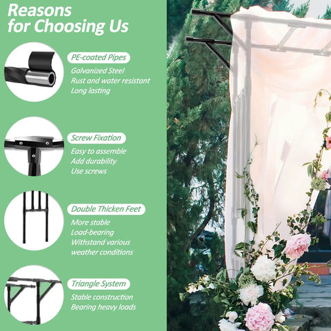 Supersize Garden Arch Trellis Flattop with features of rust-resistant steel, easy assembly, stable structure for weddings and parties