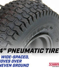 Close-up of 14-inch tire on Walk Behind Rock Salt And Ice Melt Spreader With 100 Pound Poly Hopper, Weather Resistant Stainless Steel Frame.