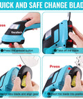 User changing blade on Cordless Do-It-All 3-In-1 Hedge Trimmer, Grass Shear, and Shrub Trimmer with step-by-step instructions.