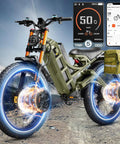 Badass 5600W Dual Motor Electric Bike For Adults With 50 MPH Speed And 60V 80Ah Battery Delivering Straight Fire 235 Mile Range On 26 Inch Fat Tires Featuring Full Suspension For Tough Mountain Climbing And All Terrain Rides Right Now, showcasing the bike's powerful front wheel, control display, and rugged tires.