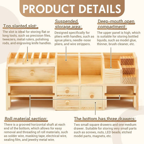 Wooden Jewelers Bench Top Tool Organizer With 3 Layer 4 Drawers For Pliers Screwdrivers Files Spools Of Wire And Cord On Your Workbench For Easy Access And Garage Or Shop Storage wood tool holder with slots and drawers