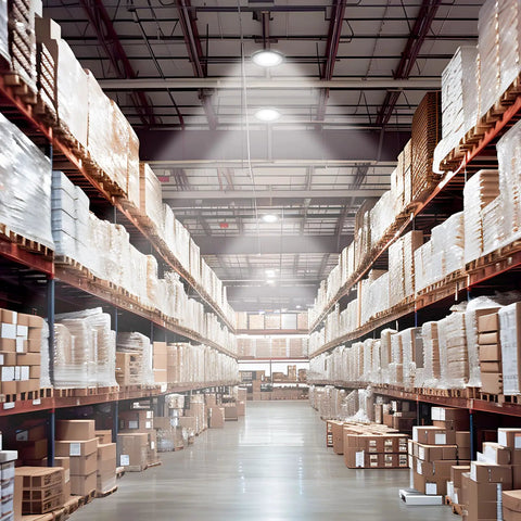 UFO LED High Bay Light Beast Mode Bright 150W 21000 Lumen 5000K Shop Lighting illuminating a warehouse aisle