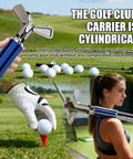 Easy-Access 6-Club Golf Bag Organizer Stand with secure strap, durable blue and white cylindrical holder in use on golf course