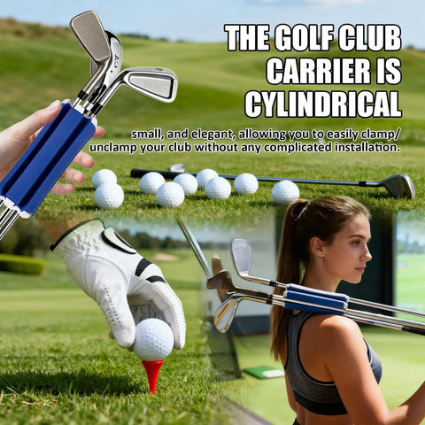 Easy-Access 6-Club Golf Bag Organizer Stand with secure strap, durable blue and white cylindrical holder in use on golf course