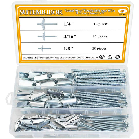 Heavy Duty Toggle Bolts And Wing Nut Set For Drywall Hanging One Eighth Inch Three Sixteenth Inch And One Quarter Inch Sizes Zinc Plated Carbon Steel For Rust Resistance Collapsible Design Includes 48 Pieces For Shelves Mirrors And TVs, 48-piece kit in case