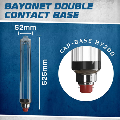 Low Pressure Sodium HID Clear Light Bulb 1800K Warm White BY22D Base, 55W Energy Efficient Lamp for Outdoor Industrial Use, Long Lasting Bright White Glow, Pack of 1, dimensions and bayonet double contact base shown.