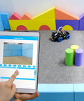 OSOYOO Mecanum Wheel Robot Car Kit for Raspberry Pi, small toy with blue wheels and a tablet showing the control app.