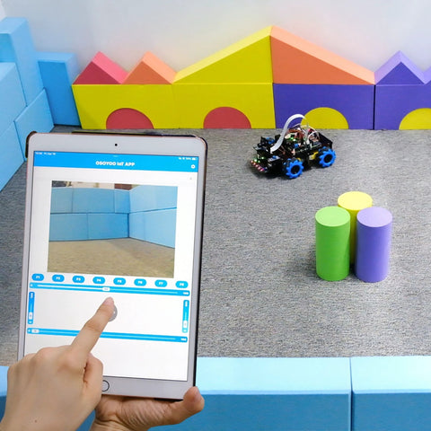 OSOYOO Mecanum Wheel Robot Car Kit for Raspberry Pi, small toy with blue wheels and a tablet showing the control app.