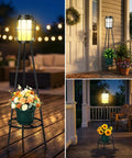 2 Pack Outdoor Solar Lights With Plant Stand And Tall Metal Planter Holder For Patio Garden Porch Yard Decor