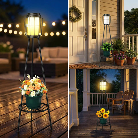 2 Pack Outdoor Solar Lights With Plant Stand And Tall Metal Planter Holder For Patio Garden Porch Yard Decor