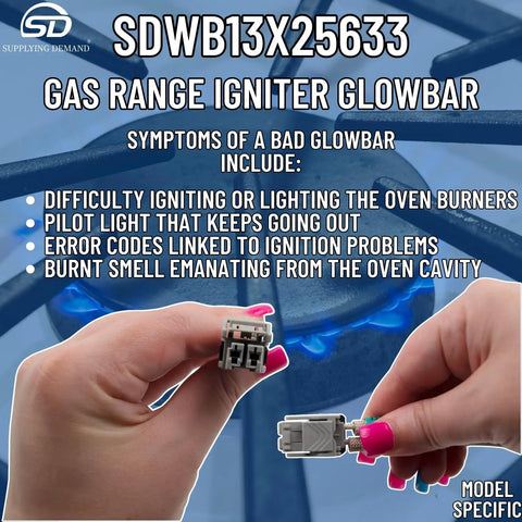 Hands holding WB13X25633 Glowbar Gas Range Igniter Replacement, model specific, for easy and reliable oven ignition.