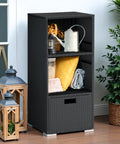 Rattan Outdoor Storage Cabinet With Towel Rack And Drawer, Dual Shelves For Pool Towels And Garden Tools, Weatherproof Black