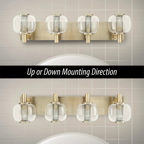 Vintage Brushed Brass Vanity Light With Clear Glass Globe Lampshades, 29 Inch 4 Light Bathroom Fixture, wall-mounted