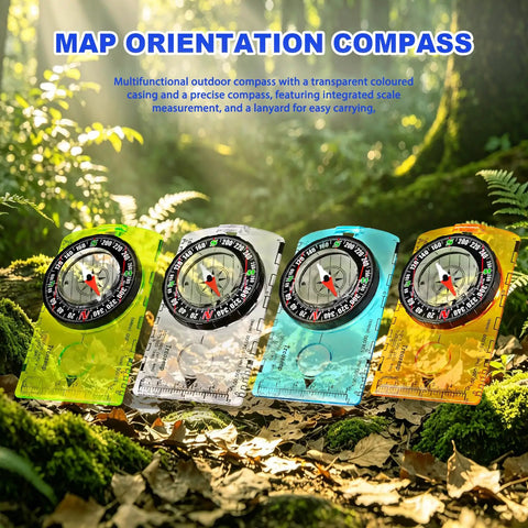 4 Pack Waterproof Adjustable Declination Orienteering Compass With Magnifier And Ruler displayed on forest floor