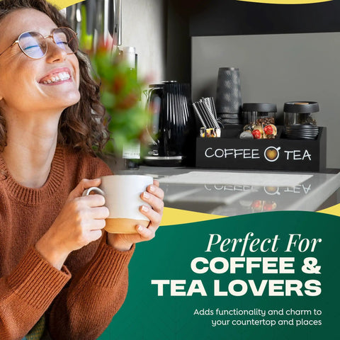 Woman smiling with All In One Coffee Station Organizer For Your Coffee Bar Setup And Tea Storage, Solid Pine Wood in background