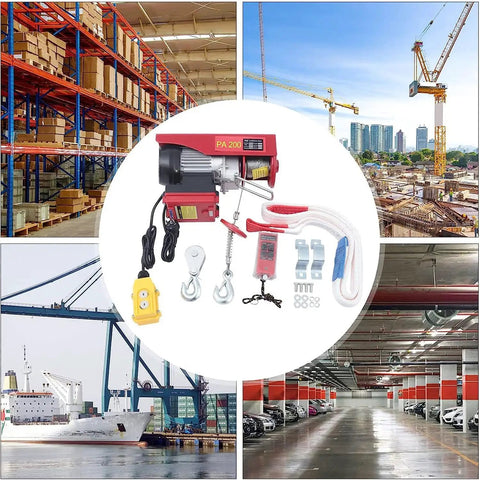 Heavy Duty Electric Lifting Hoist With Wireless Remote Control Supports Up To 400 Kilos And Dual Mode Speed Or Power For Garage Work Shop Projects Plus Overload Safety And Solid All Copper Motor in industrial setting with accessories.