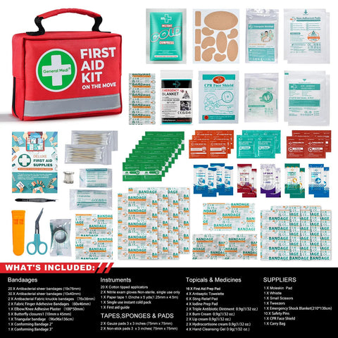 Front view of General Medi 150-piece first aid kit in a red compact bag with instant cold pack and emergency blanket