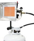 GS4200EP 13,000 BTU Propane Tank Top Heater mounted on propane cylinder, orange element glowing, with regulator attached.