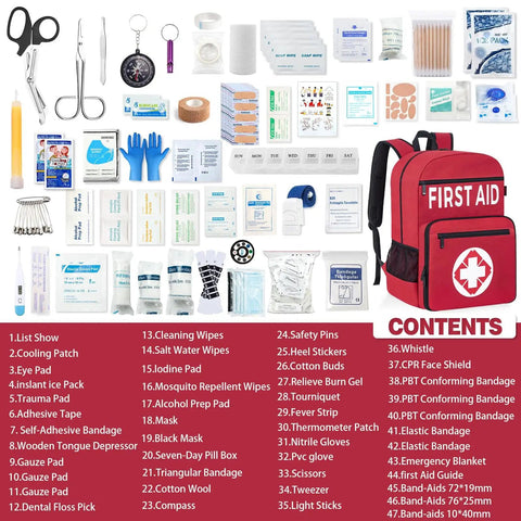Fully Stocked All In One First Aid Kit Backpack With 400 Pieces Of Survival Gear For Car Travel Home And Camping Gauze Ice Packs Emergency Blanket Bandages Tourniquet First Aid Manual And More.