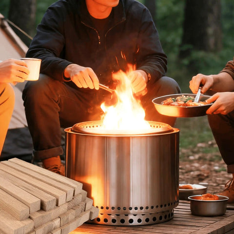 People cooking with Portable Pizza Oven Firewood Logs for Outdoor Cooking 6 Inch White Oak Kiln Dried Low Smoke Fuel for Ooni Karu 12 Solo Stove Pi and Bertello. Logs stacked beside campfire.