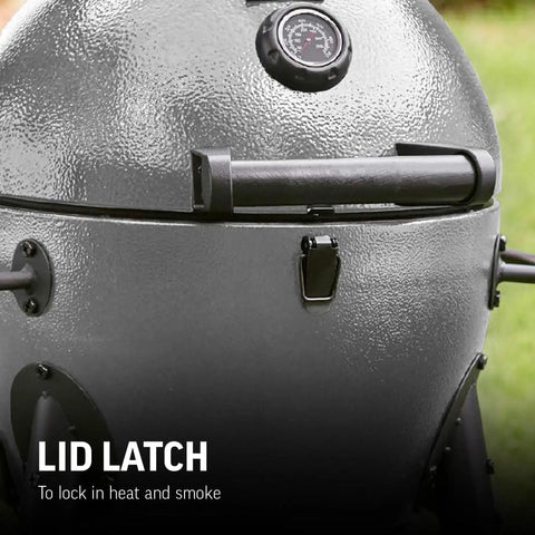 Close-up of Kamado-Style Portable Charcoal Grill and Smoker with Locking Lid, showing lid latch detail